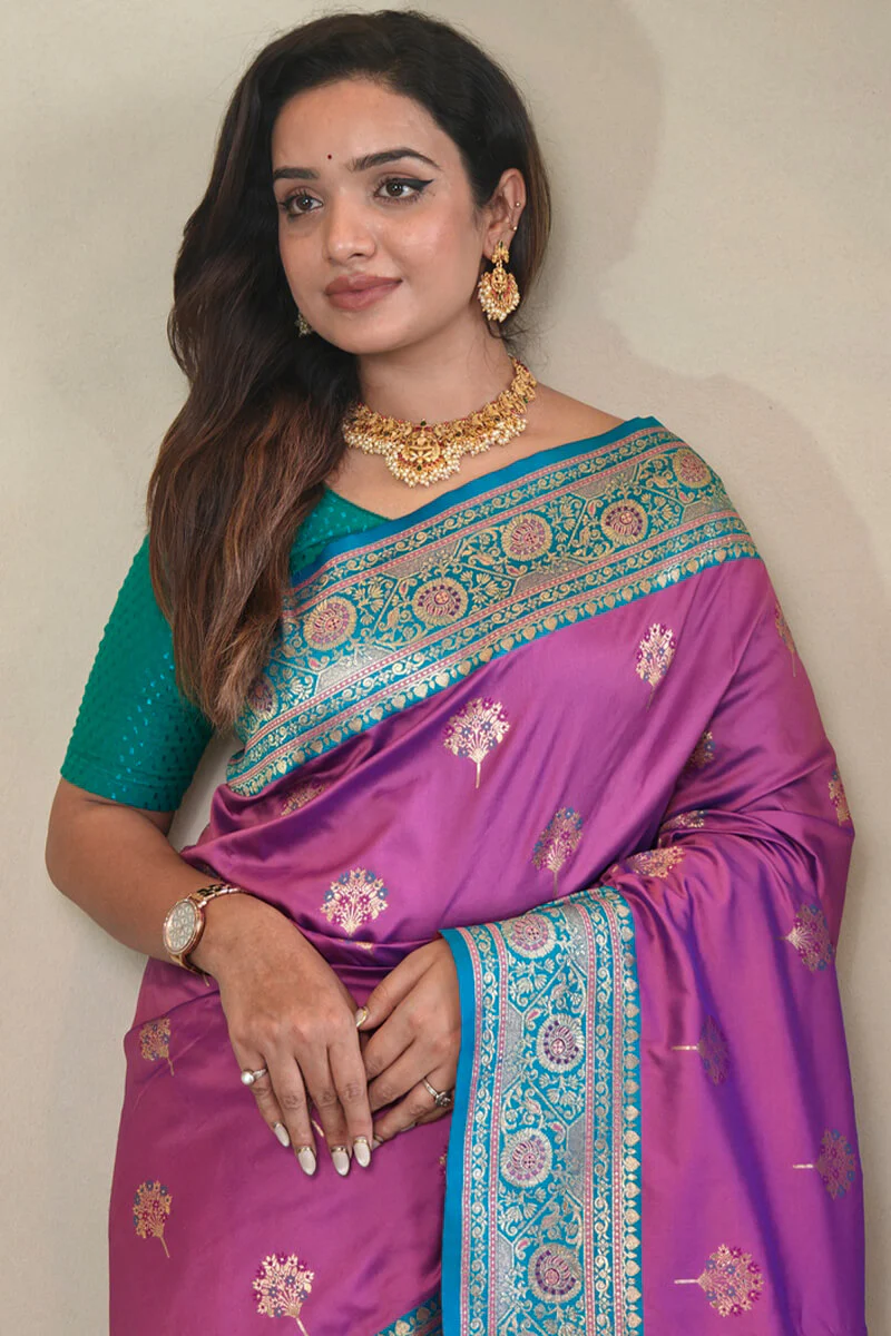 Sempiternal Pink Soft Banarasi Silk Saree With Denouement Blouse Piece - Image 3