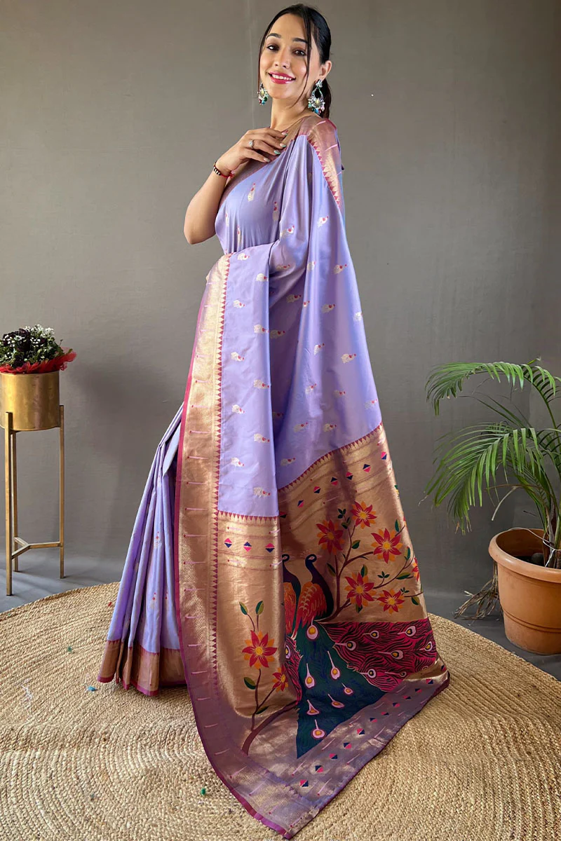 Sensational Lavender Paithani Silk Saree With Precious Blouse Piece - Image 3