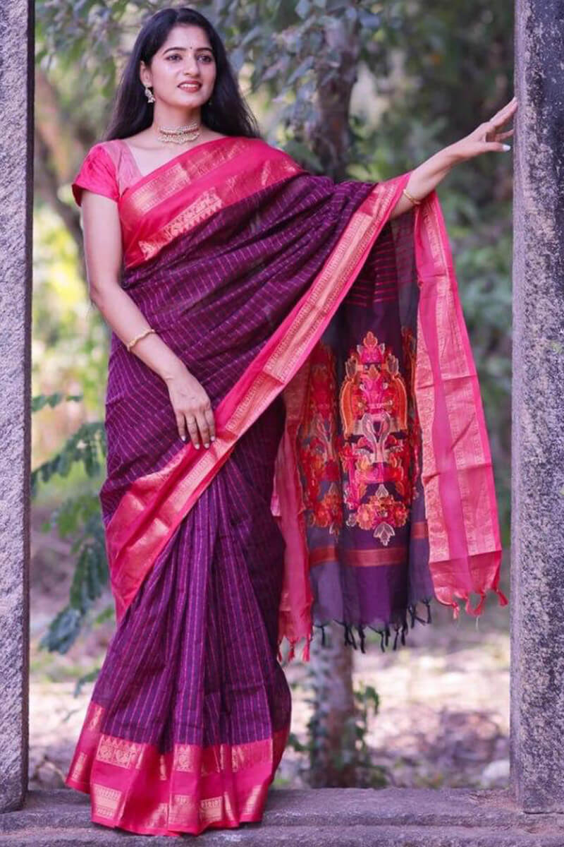 Sensational Purple Cotton Silk Saree With Innovative Blouse Piece - Image 3