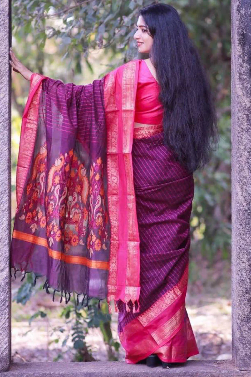 Sensational Purple Cotton Silk Saree With Innovative Blouse Piece - Image 7