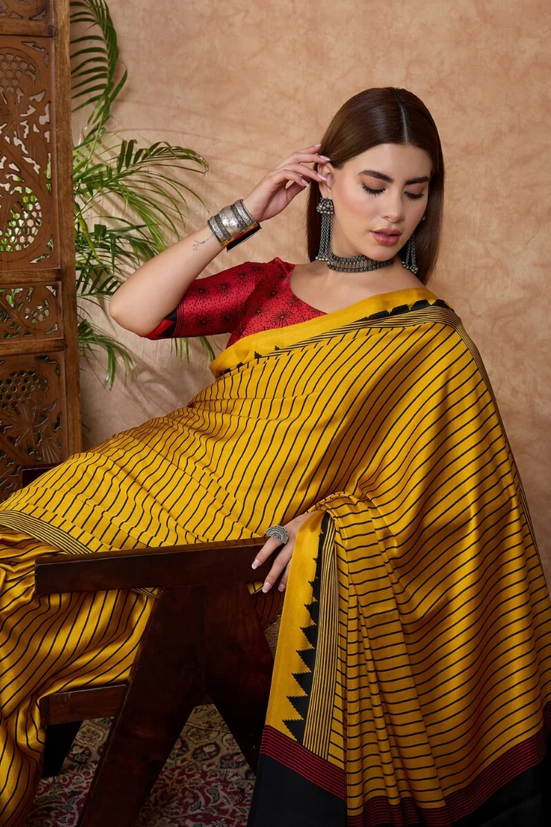 Sensational Yellow Ajrakh Printed Semi Modal Silk Saree With Resonant Blouse Piece - Image 2
