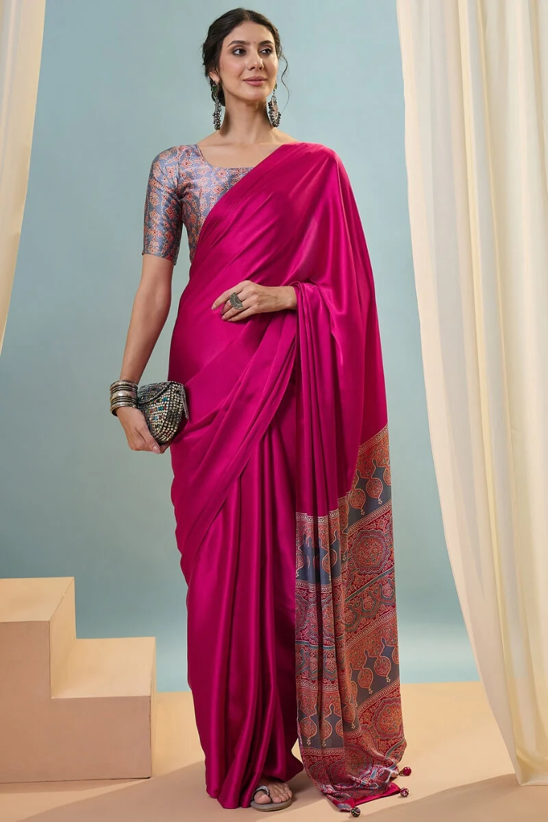 Seraglio Dark Pink Ajrakh Printed Semi Modal Silk Saree With Woebegone Blouse Piece - Image 3