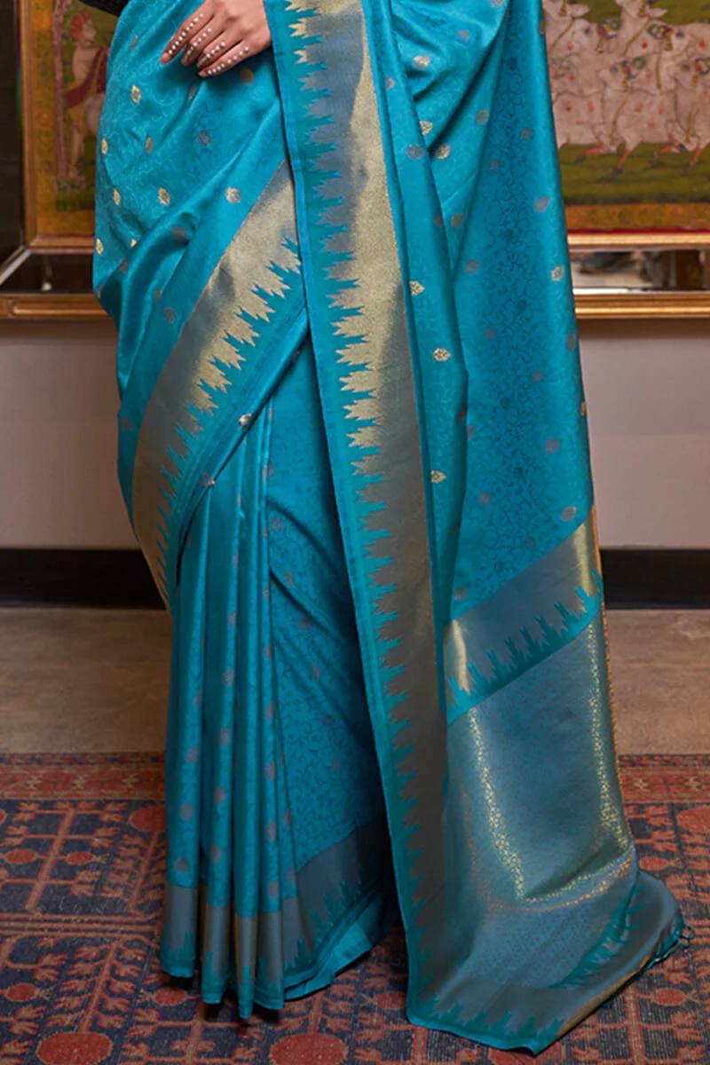 Seraglio Firozi Soft Banarasi Silk Saree With Palimpsest Blouse Piece - Image 3