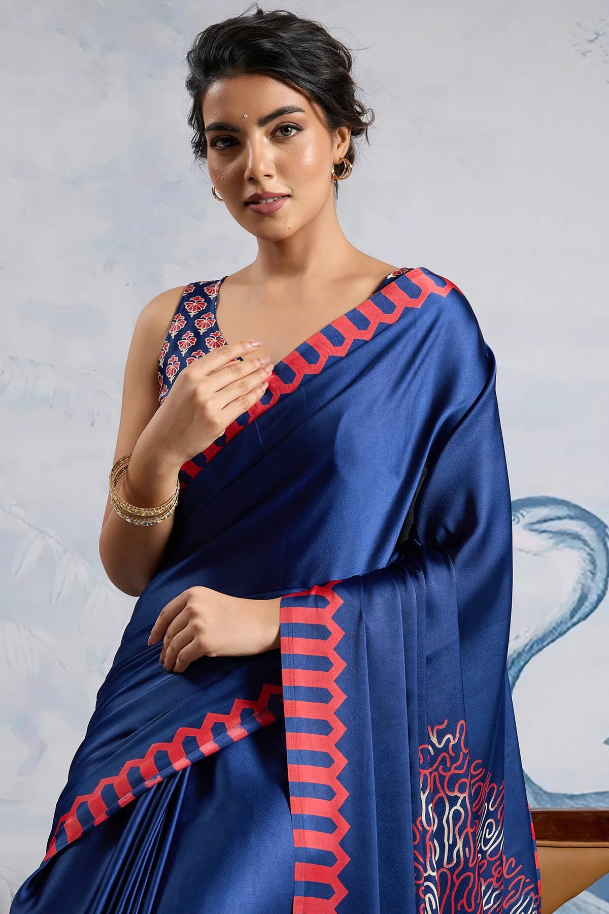 Seraglio Navy Blue Ajrakh Printed Satin Silk Saree With Dulcet Blouse Piece - Image 2
