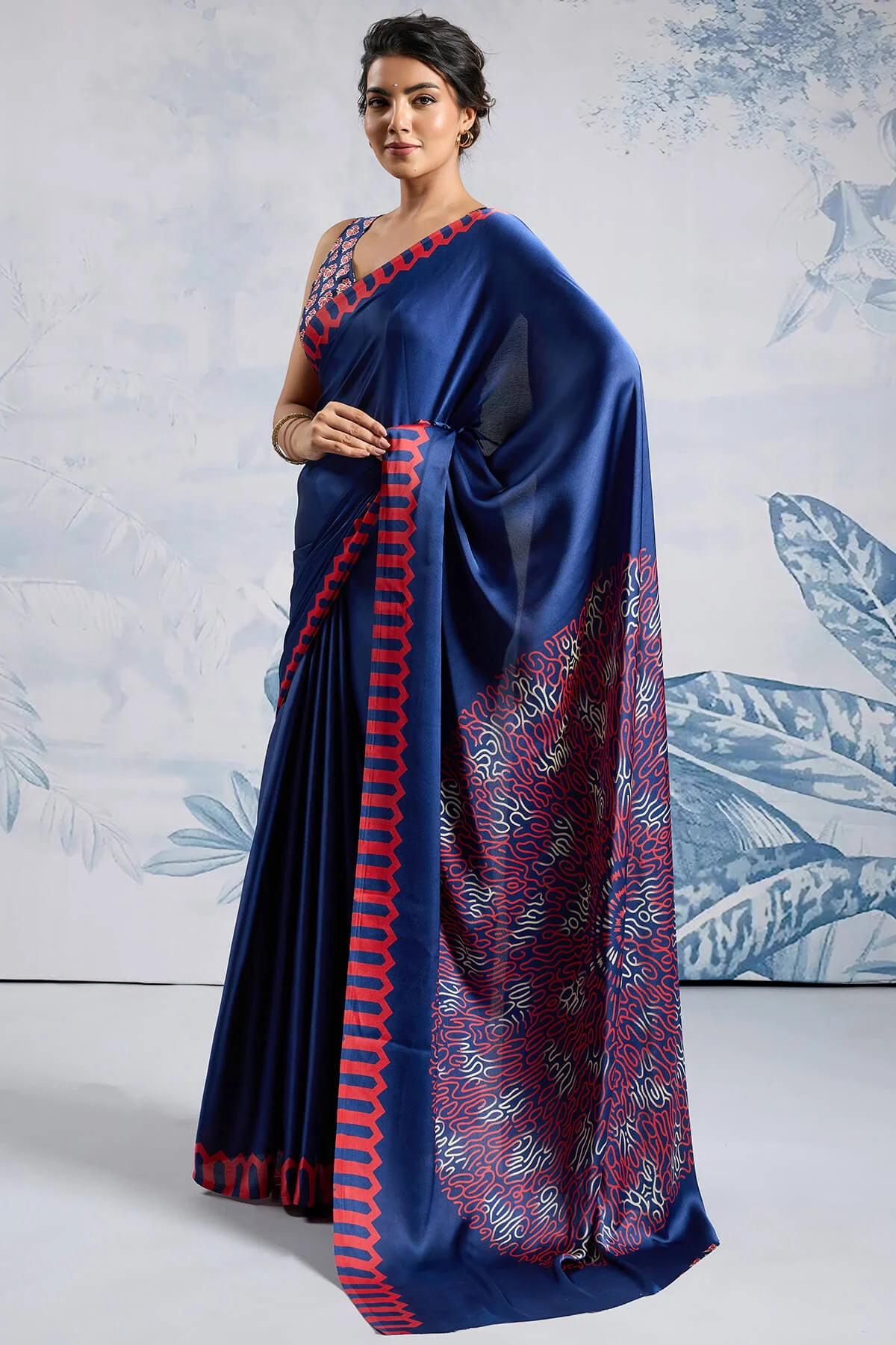Seraglio Navy Blue Ajrakh Printed Satin Silk Saree With Dulcet Blouse Piece - Image 3