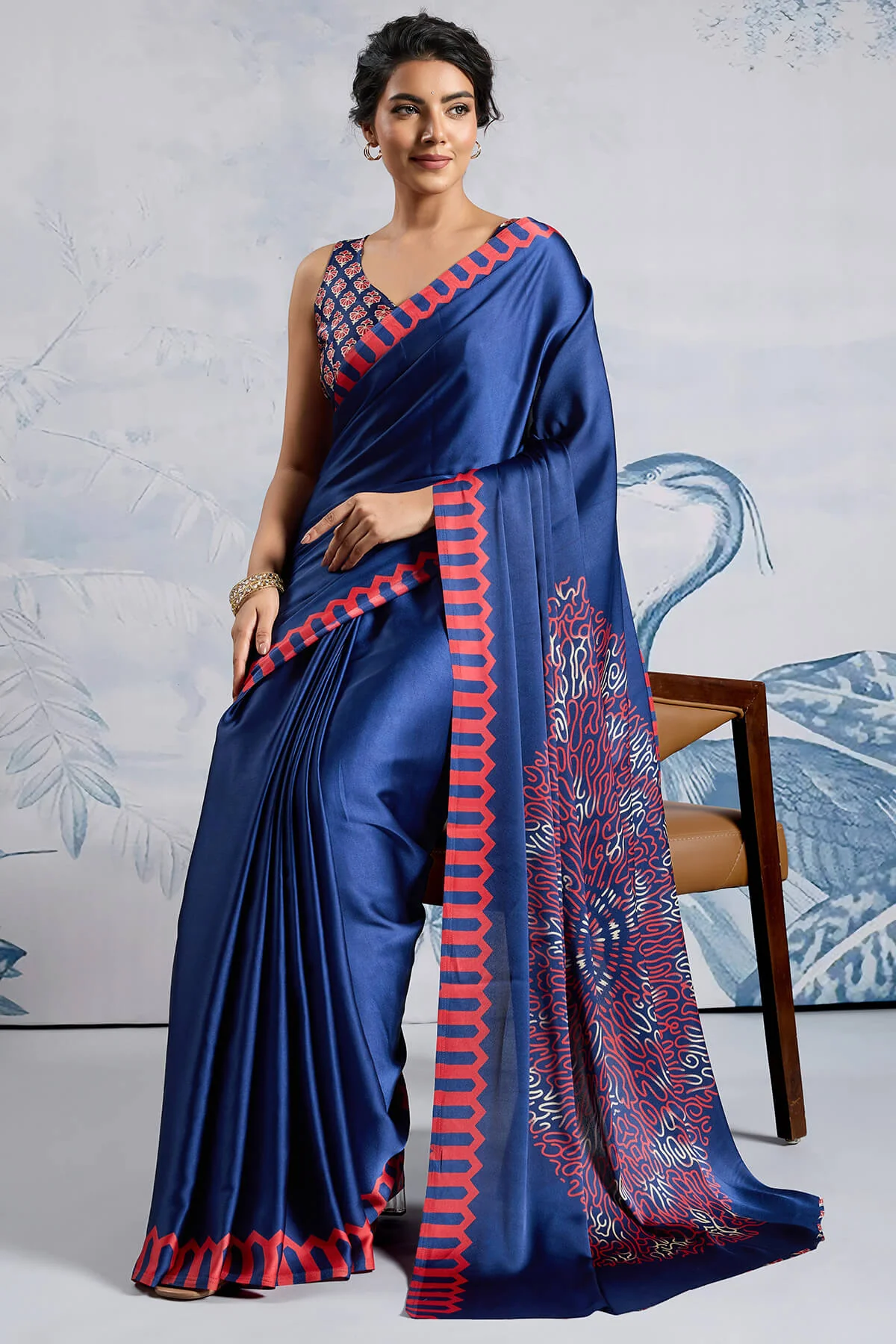 Seraglio Navy Blue Ajrakh Printed Satin Silk Saree With Dulcet Blouse Piece - Image 5