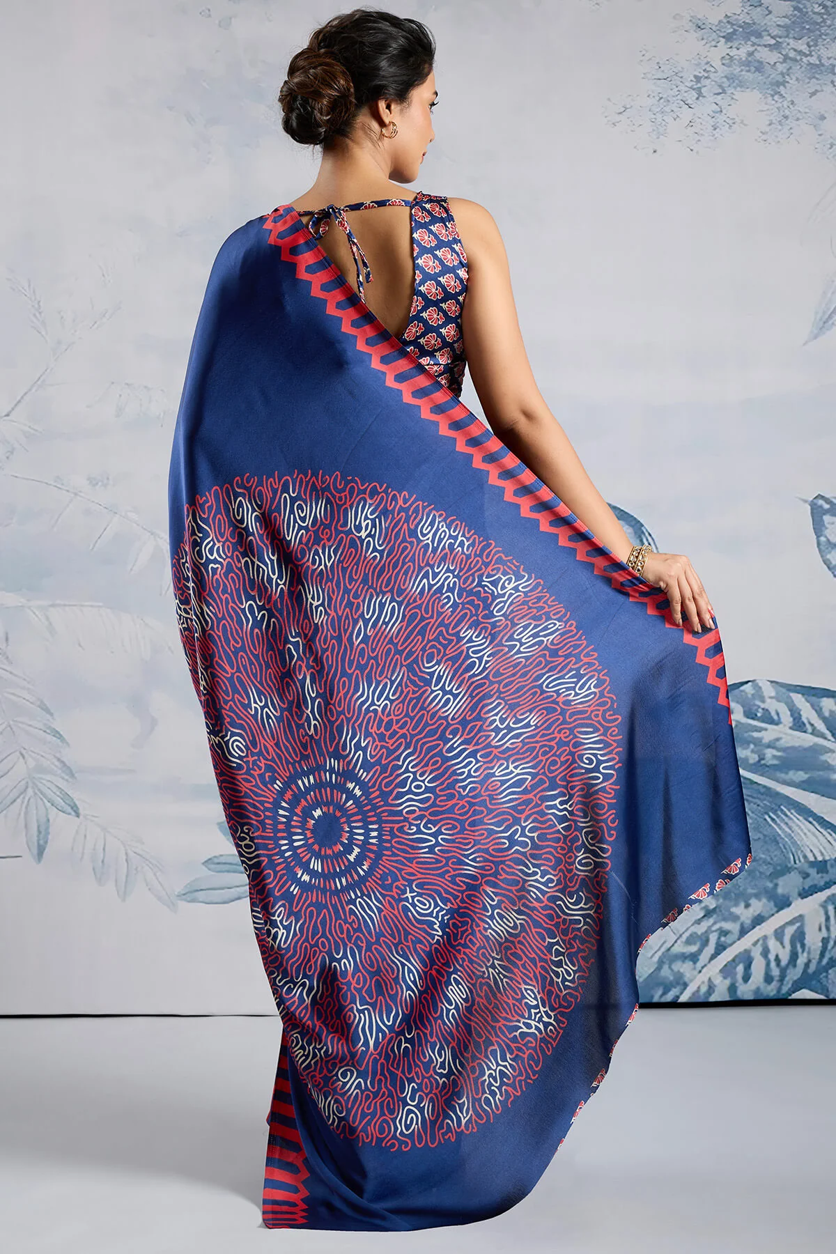 Seraglio Navy Blue Ajrakh Printed Satin Silk Saree With Dulcet Blouse Piece - Image 6