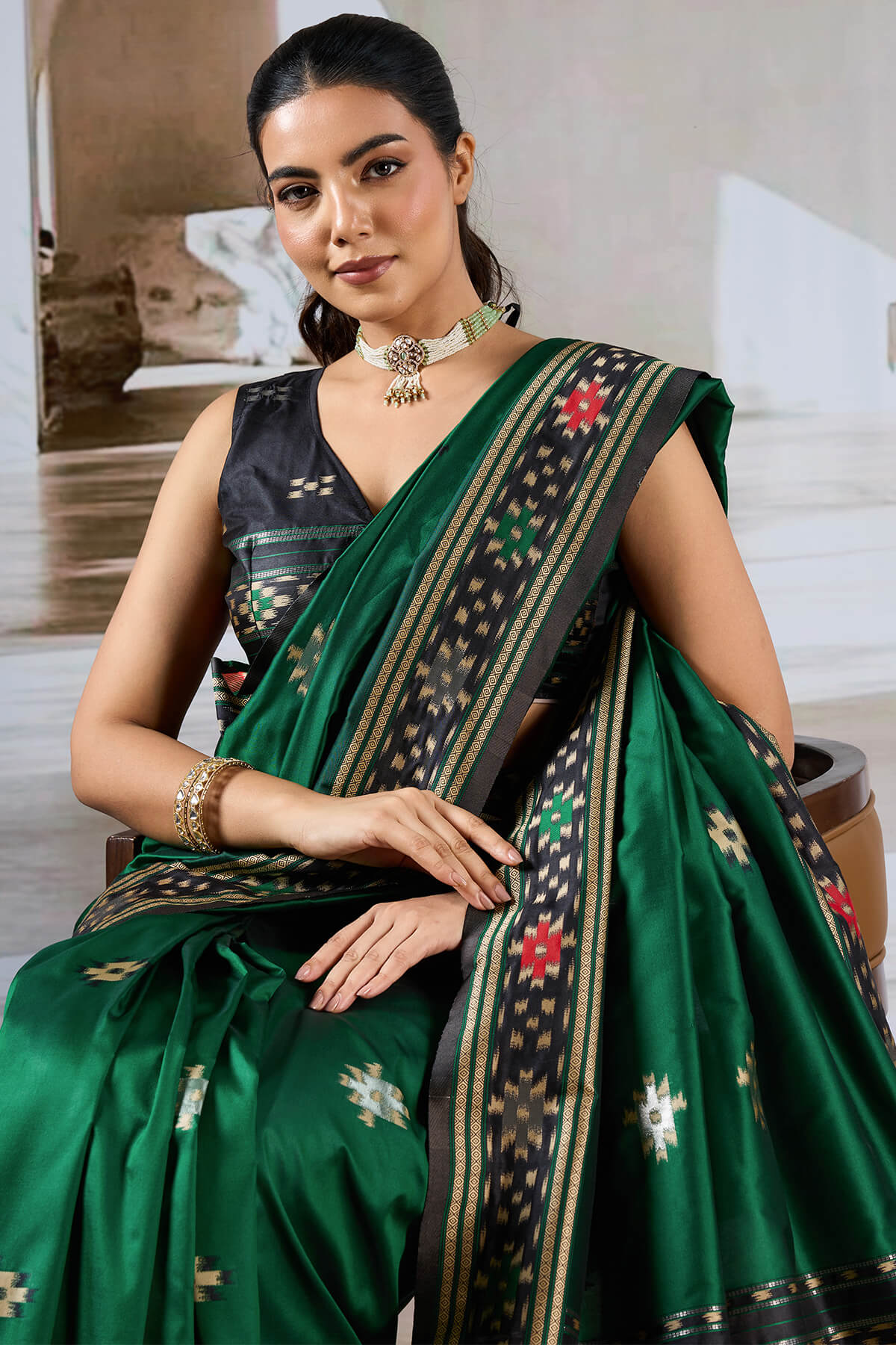 Seraphic Dark Green Patola Silk Saree with Extraordinary Blouse Piece - Image 2