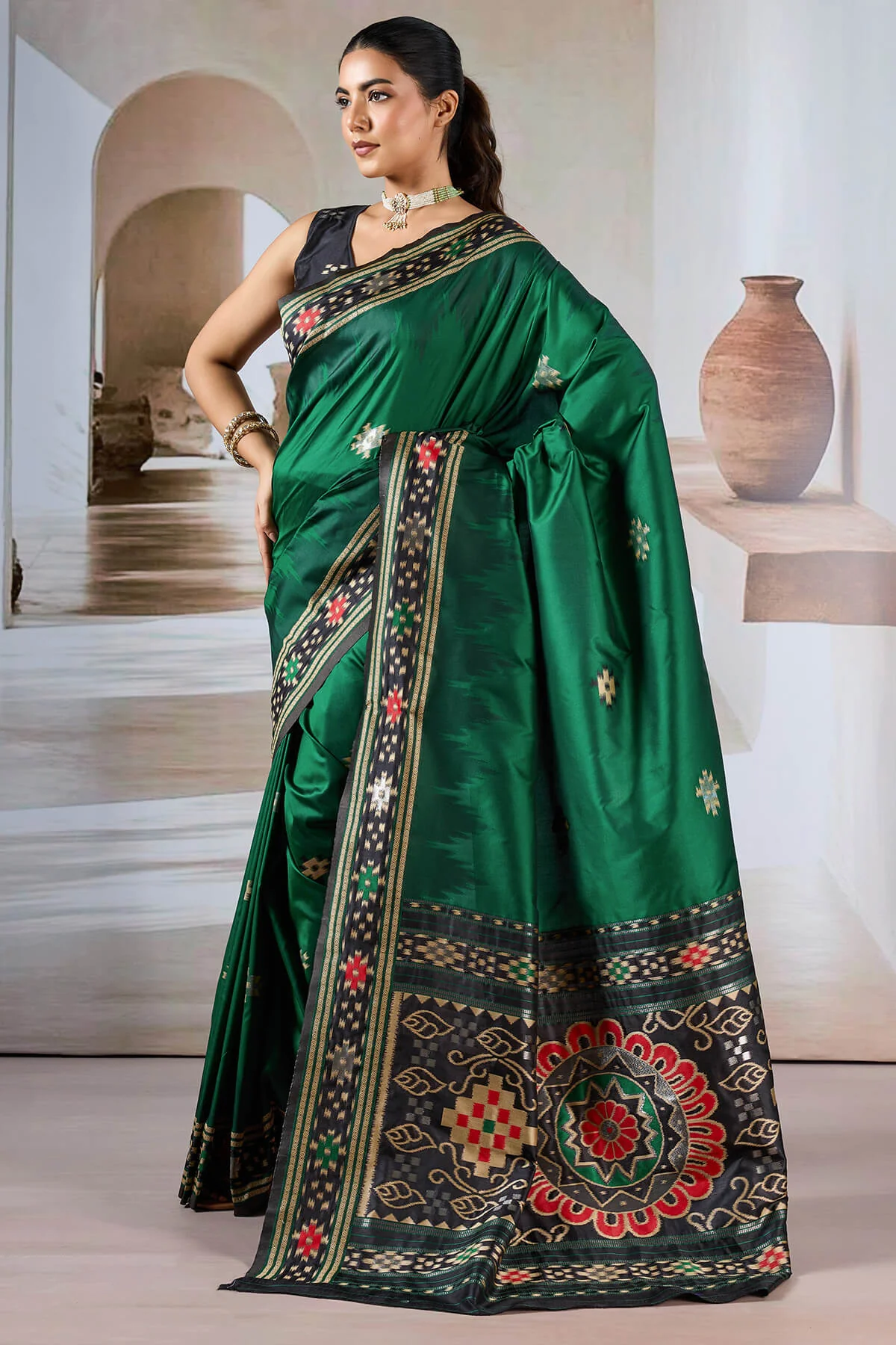 Seraphic Dark Green Patola Silk Saree with Extraordinary Blouse Piece - Image 3