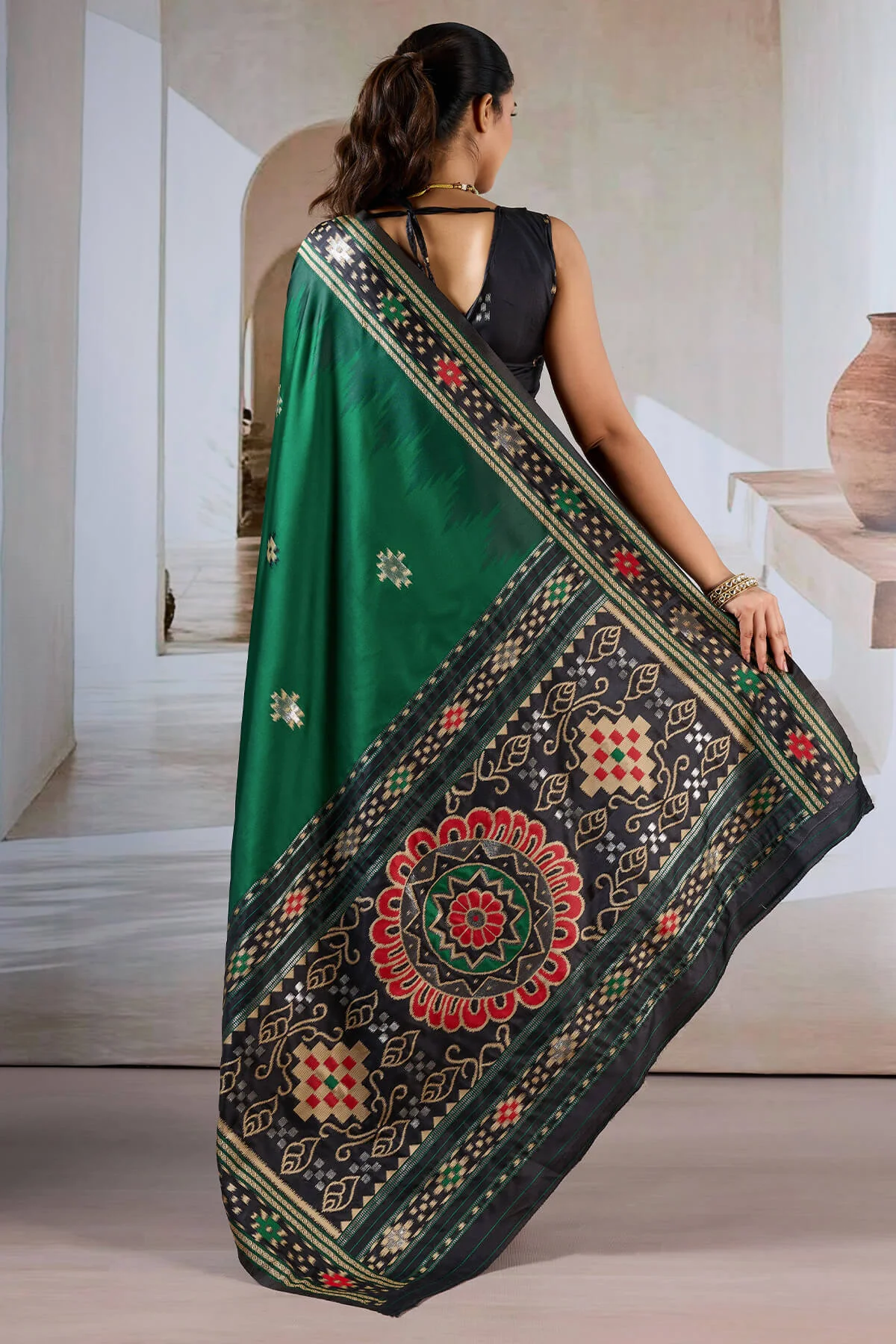 Seraphic Dark Green Patola Silk Saree with Extraordinary Blouse Piece - Image 6