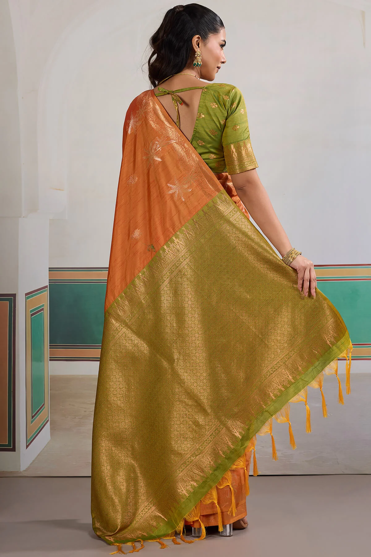 Seraphic Orange Banarasi Tussar Silk Saree With Extraordinary Blouse Piece - Image 5