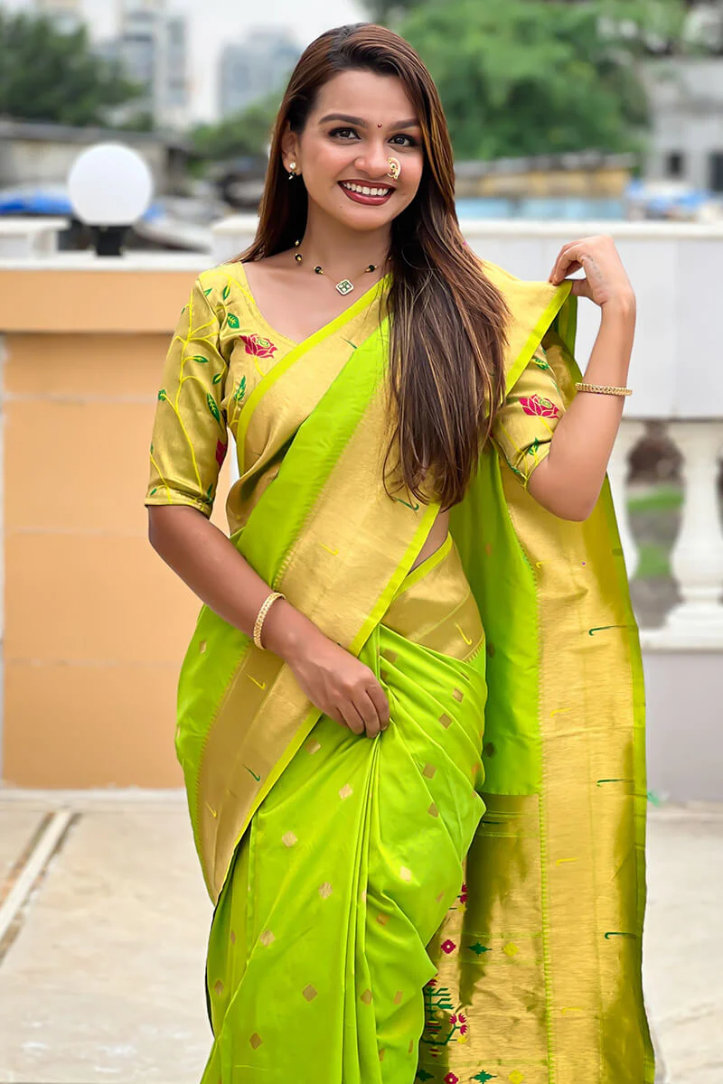 Seraphic Parrot Paithani Silk Saree With Sumptuous Blouse Piece - Image 2