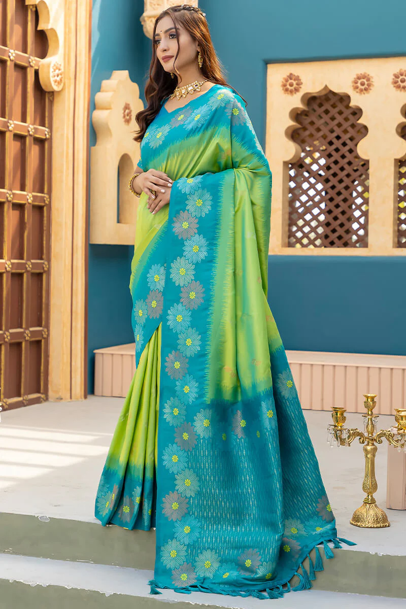 Seraphic Parrot Soft Banarasi Silk Saree With Quixotic Blouse Piece - Image 2