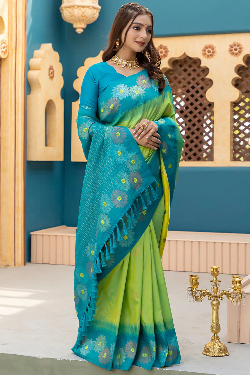 Seraphic Parrot Soft Banarasi Silk Saree With Quixotic Blouse Piece - Image 3