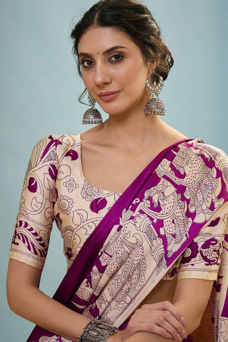 Seraphic Purple Ajrakh Printed Semi Modal Silk Saree With Ailurophile Blouse Piece - Image 4