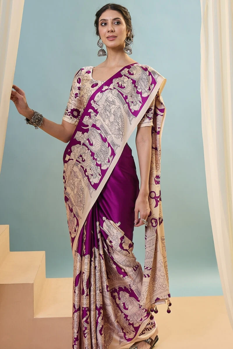 Seraphic Purple Ajrakh Printed Semi Modal Silk Saree With Ailurophile Blouse Piece - Image 5