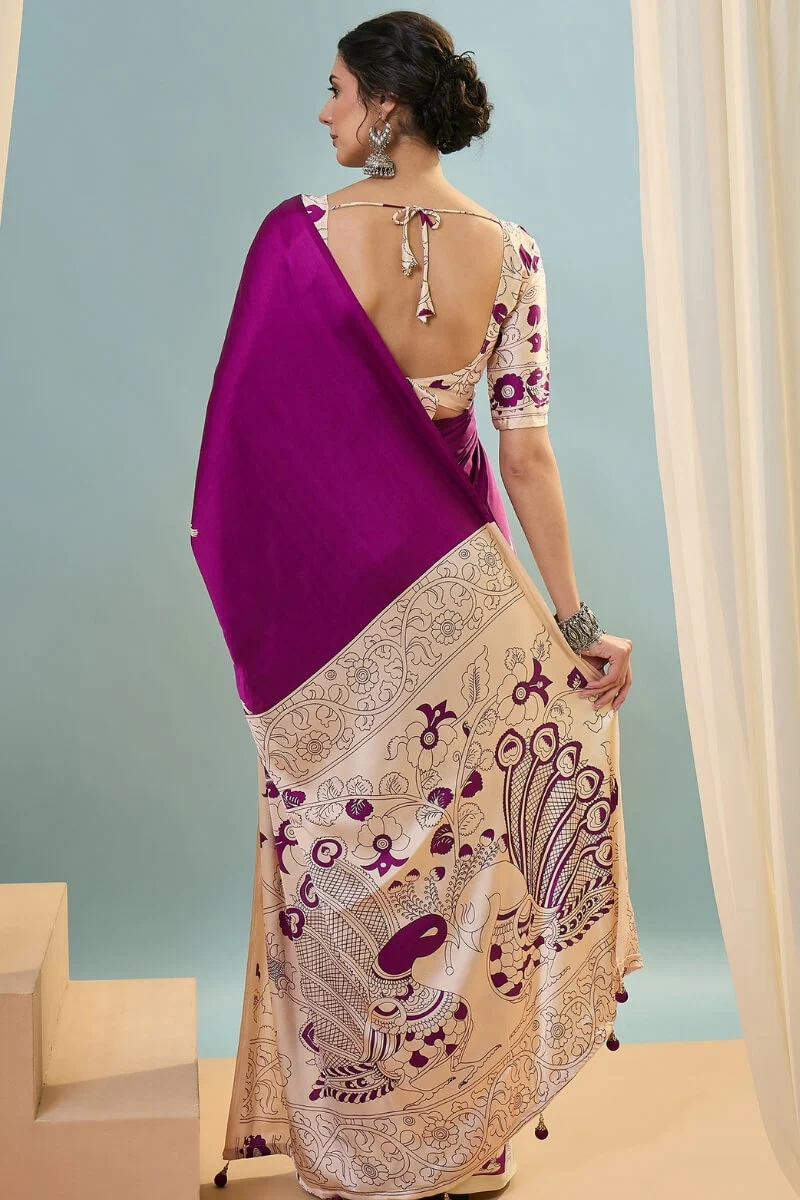 Seraphic Purple Ajrakh Printed Semi Modal Silk Saree With Ailurophile Blouse Piece - Image 7