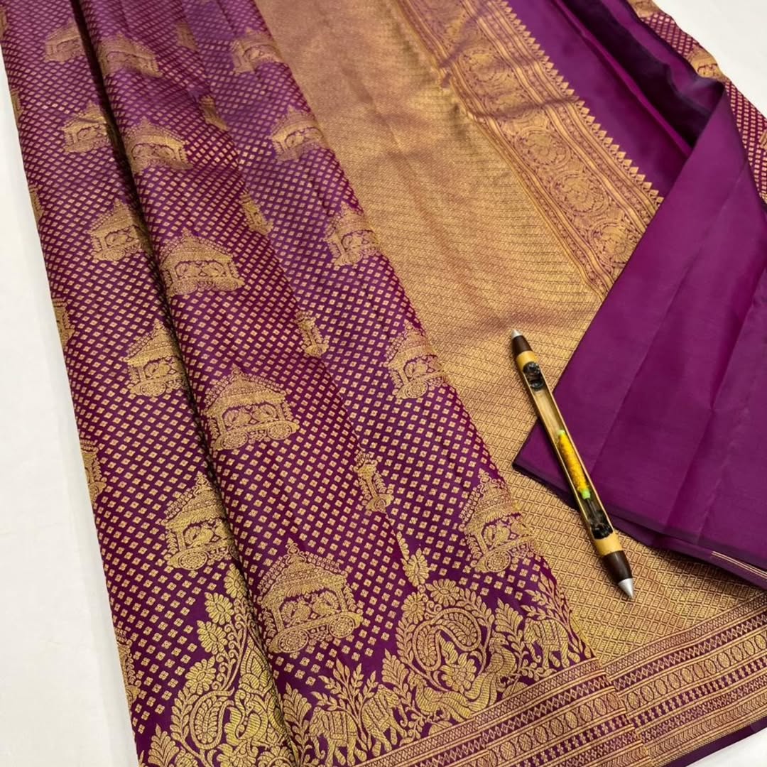 Seraphic Purple Pure Zari Weaving Banarasi Silk Saree With Adoring Blouse Piece - Image 2