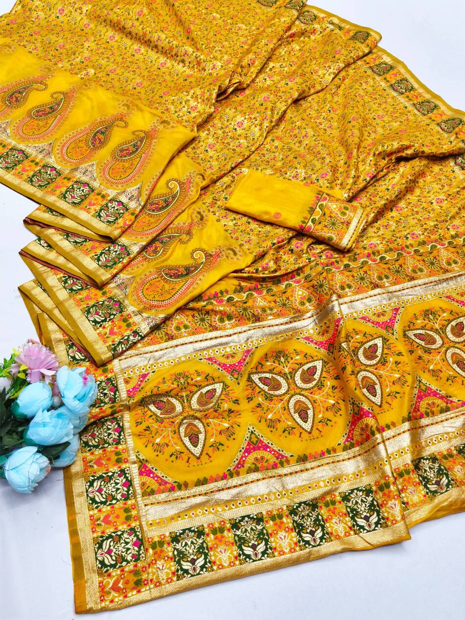Seraphic Yellow Nylon Dola Pashmina Saree With Resplendent Blouse Piece - Image 2