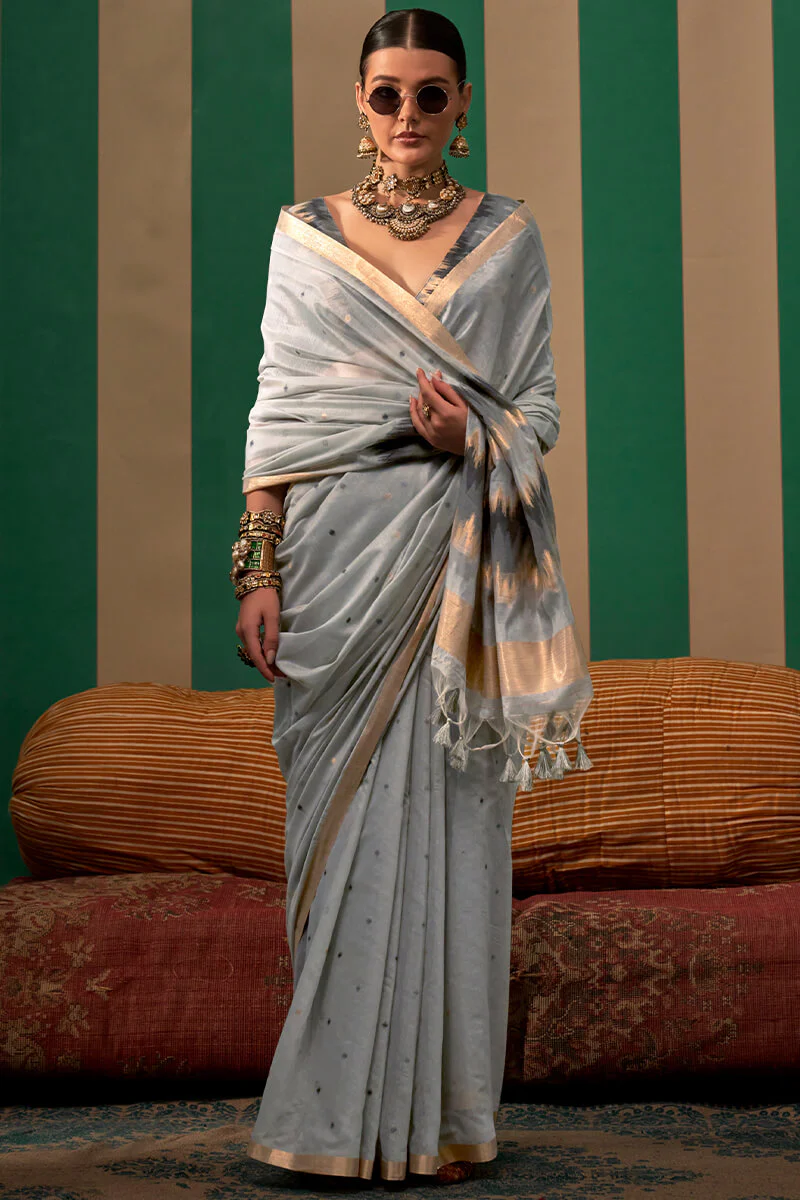 Serendipity Grey Cotton Silk Saree With Palimpsest Blouse Piece - Image 2