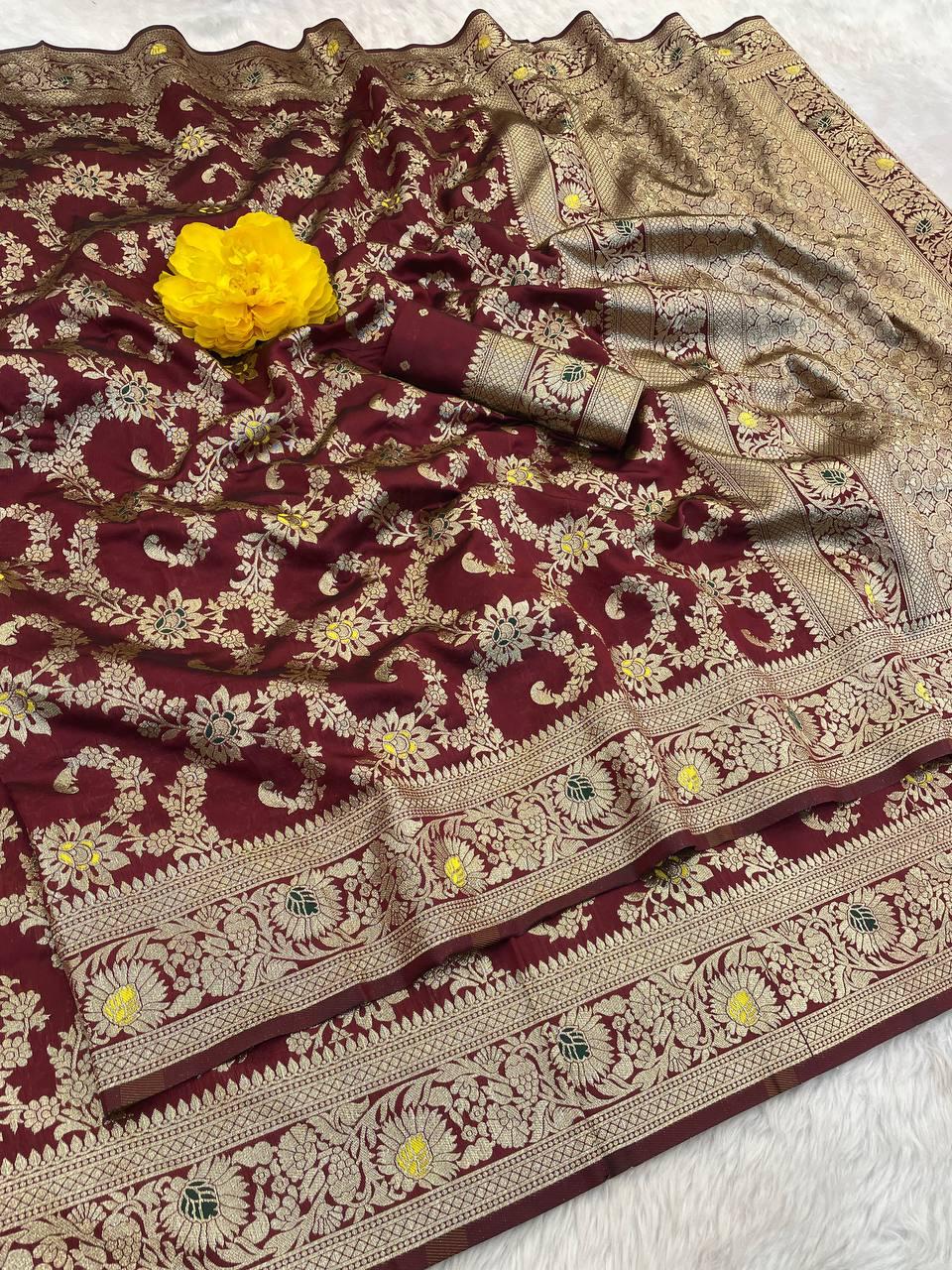 Serendipity Maroon Soft Banarasi Silk Saree With Imbrication Blouse Piece - Image 2