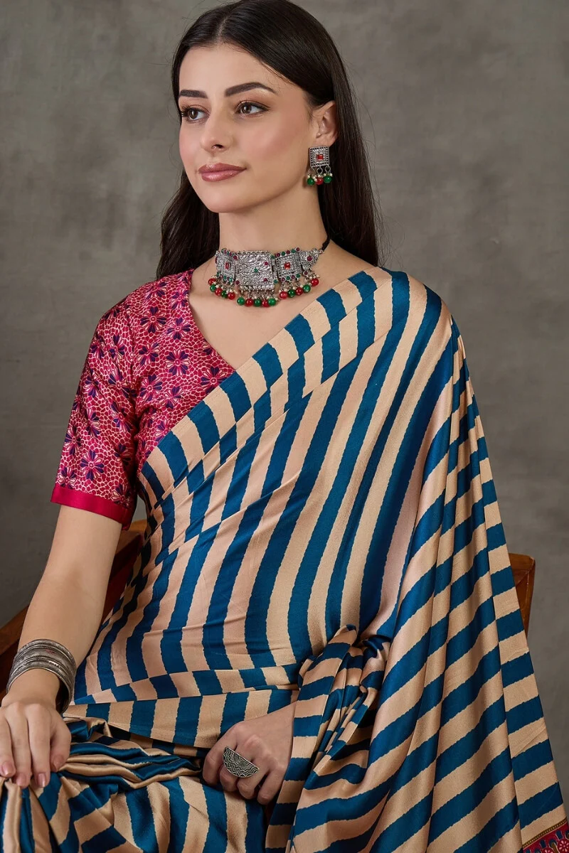 Serendipity Navy Blue Ajrakh Printed Semi Modal Silk Saree With Unique Blouse Piece - Image 2