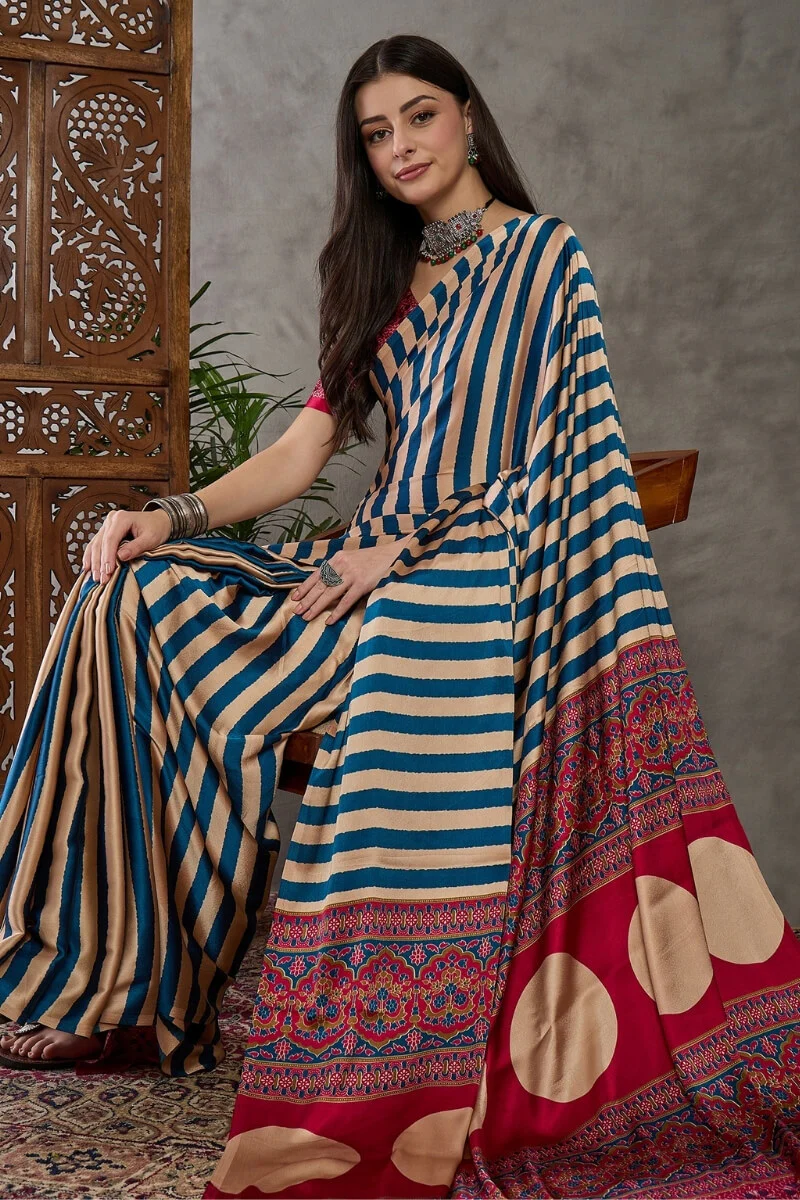 Serendipity Navy Blue Ajrakh Printed Semi Modal Silk Saree With Unique Blouse Piece - Image 6