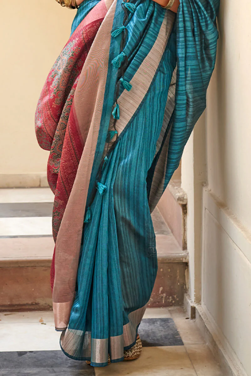 Serendipity Teal Blue Cotton Silk Saree With Artistic Blouse Piece - Image 3