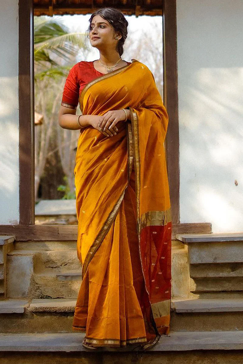 Serendipity Yellow Cotton Silk Saree With Enchanting Blouse Piece - Image 2