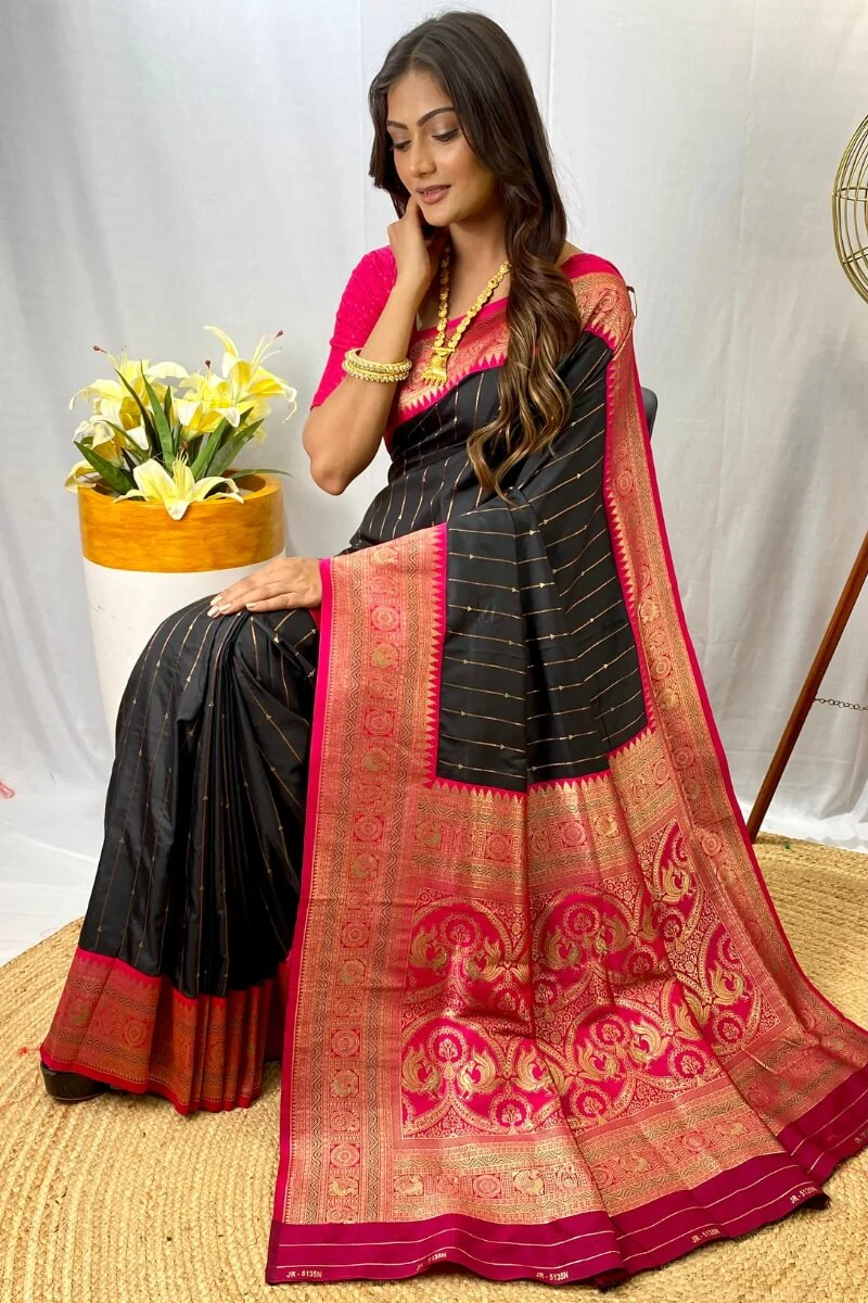Sizzling Black Soft Banarasi Silk Saree With Gratifying Blouse Piece - Image 3