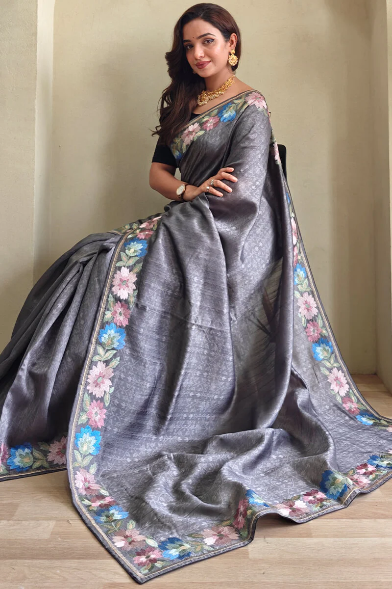 Sizzling Grey Embroidery Work Tussar Silk Saree With Enticing Blouse Piece - Image 2