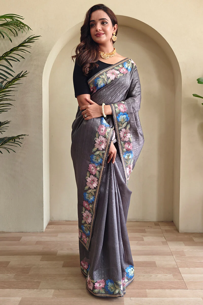 Sizzling Grey Embroidery Work Tussar Silk Saree With Enticing Blouse Piece - Image 3