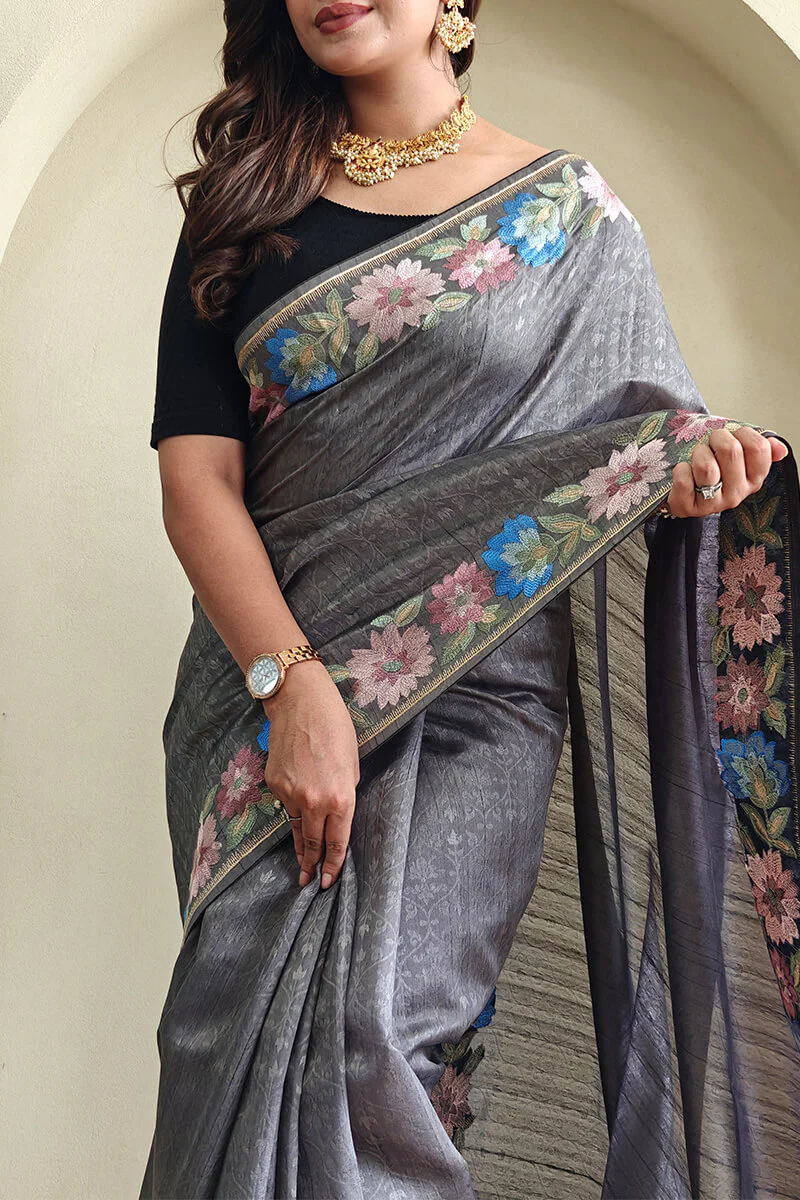 Sizzling Grey Embroidery Work Tussar Silk Saree With Enticing Blouse Piece - Image 4