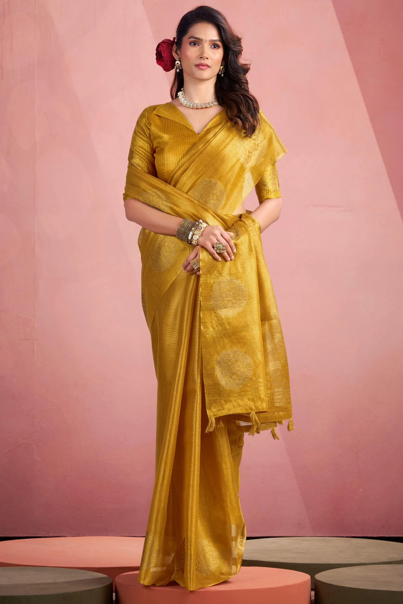 Sizzling Mustard Soft Banarasi Tissue Silk Saree With Delectable Blouse Piece - Image 3