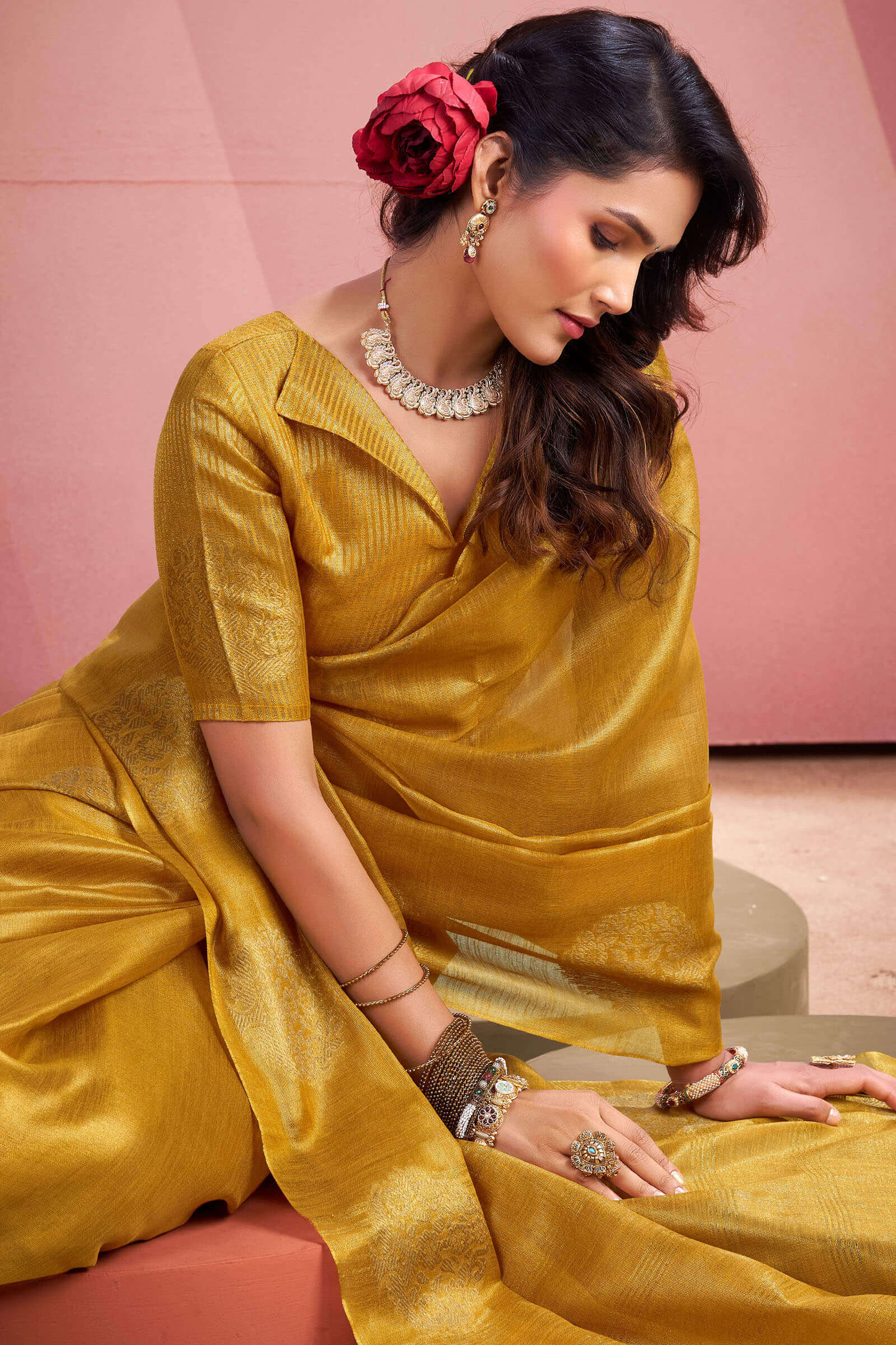 Sizzling Mustard Soft Banarasi Tissue Silk Saree With Delectable Blouse Piece - Image 4