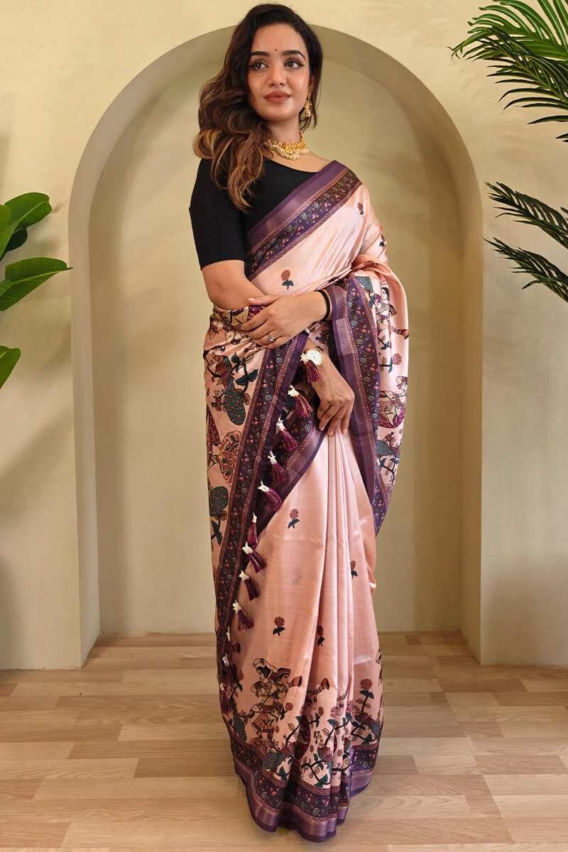 Sizzling Pink Kalamkari Printed Viscose Dola Silk Saree With Pretty Blouse Piece - Image 3