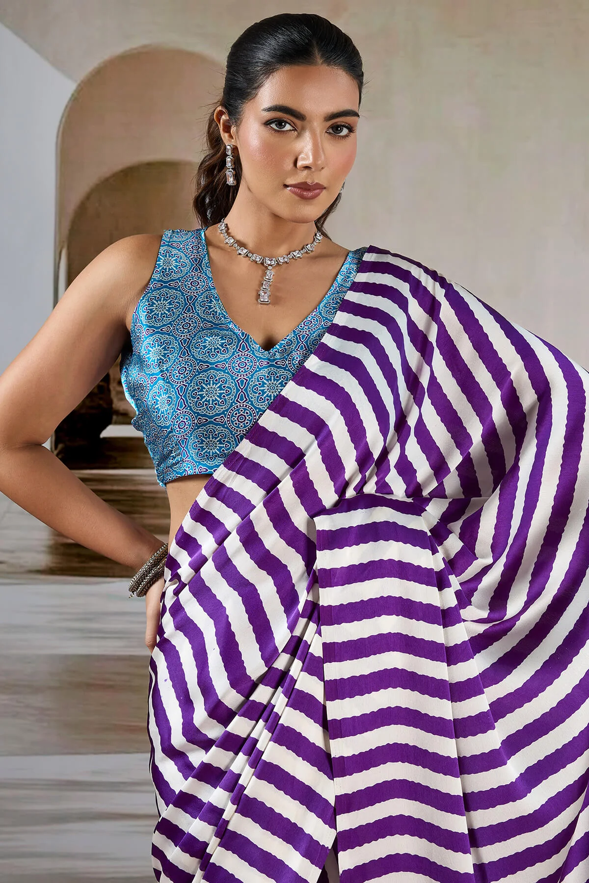 Sizzling Purple Ajrakh Printed Satin Silk Saree With Gossamer Blouse Piece - Image 2