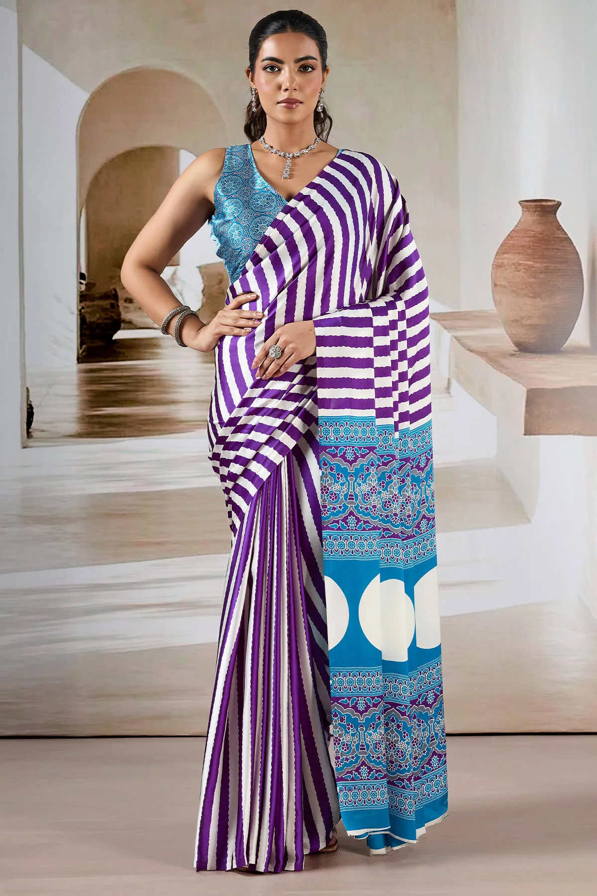Sizzling Purple Ajrakh Printed Satin Silk Saree With Gossamer Blouse Piece - Image 3