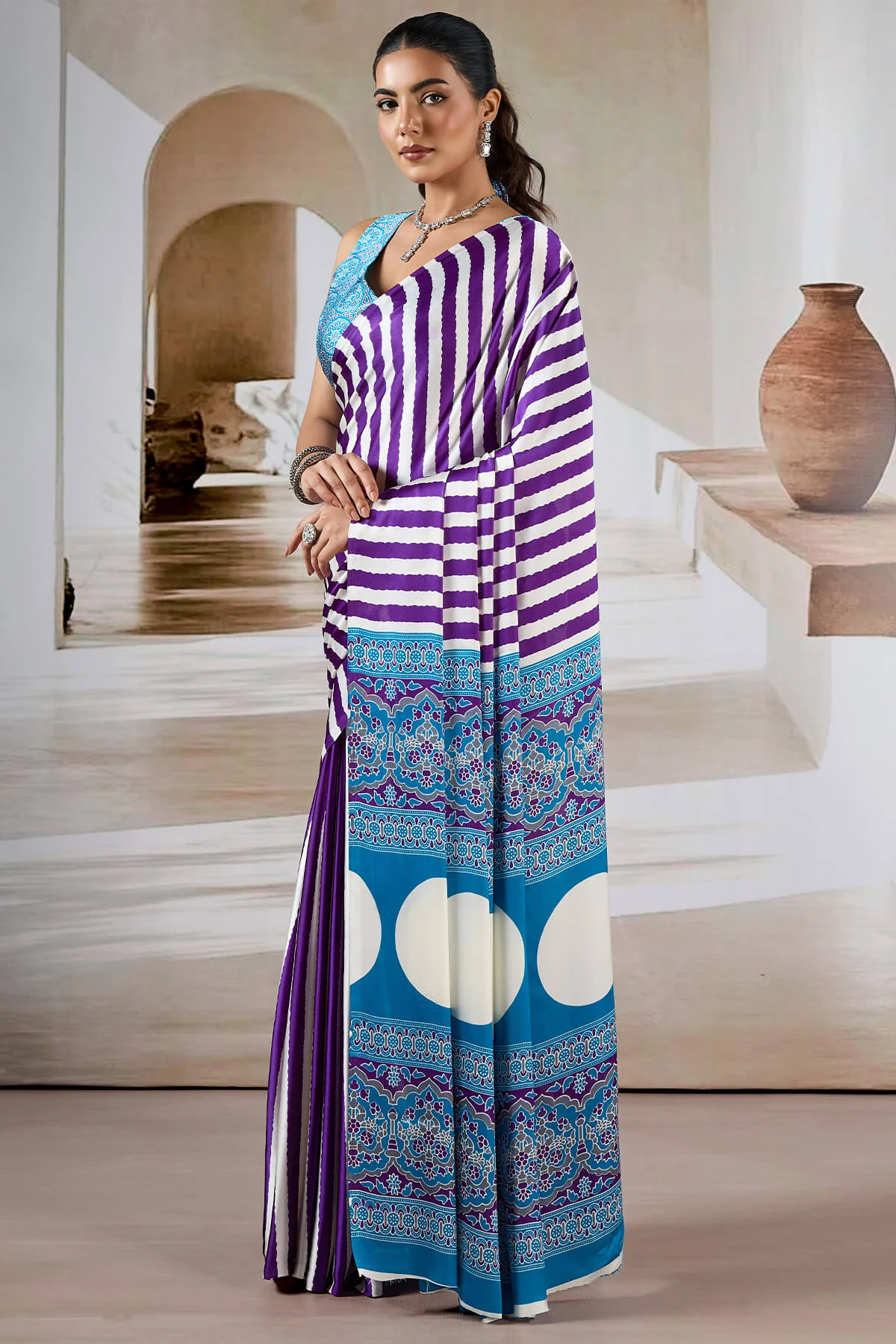 Sizzling Purple Ajrakh Printed Satin Silk Saree With Gossamer Blouse Piece - Image 5
