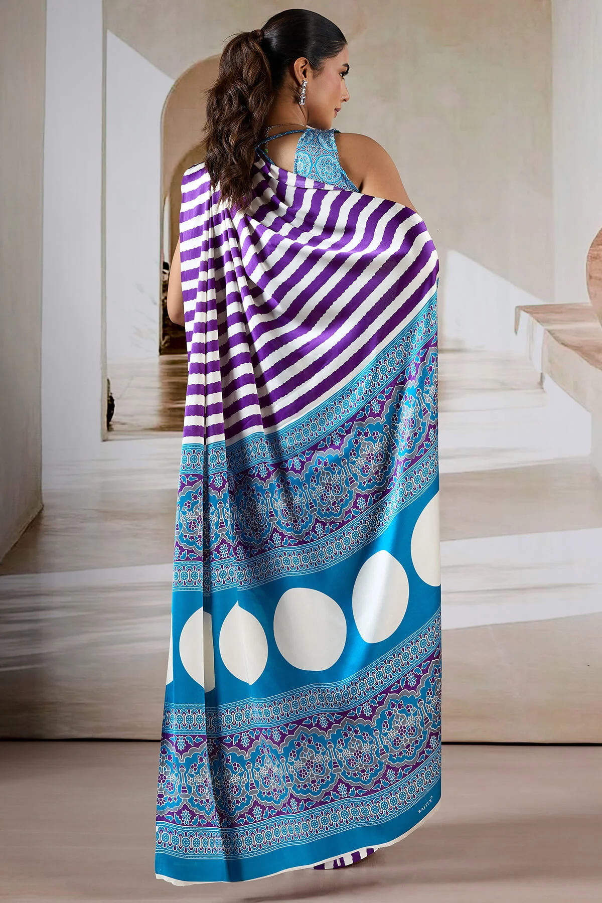 Sizzling Purple Ajrakh Printed Satin Silk Saree With Gossamer Blouse Piece - Image 6