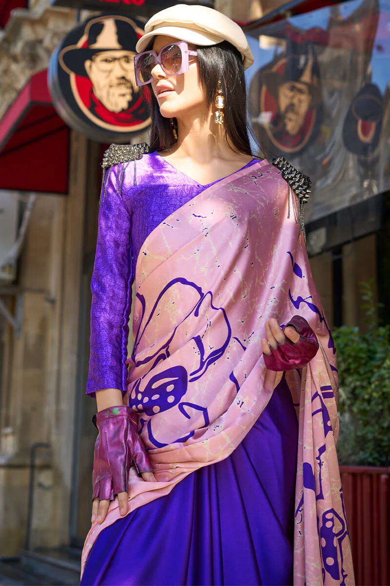 Sizzling Royal Blue and Pink Digital Printed Satin Silk Saree With Gorgeous Blouse Piece - Image 2