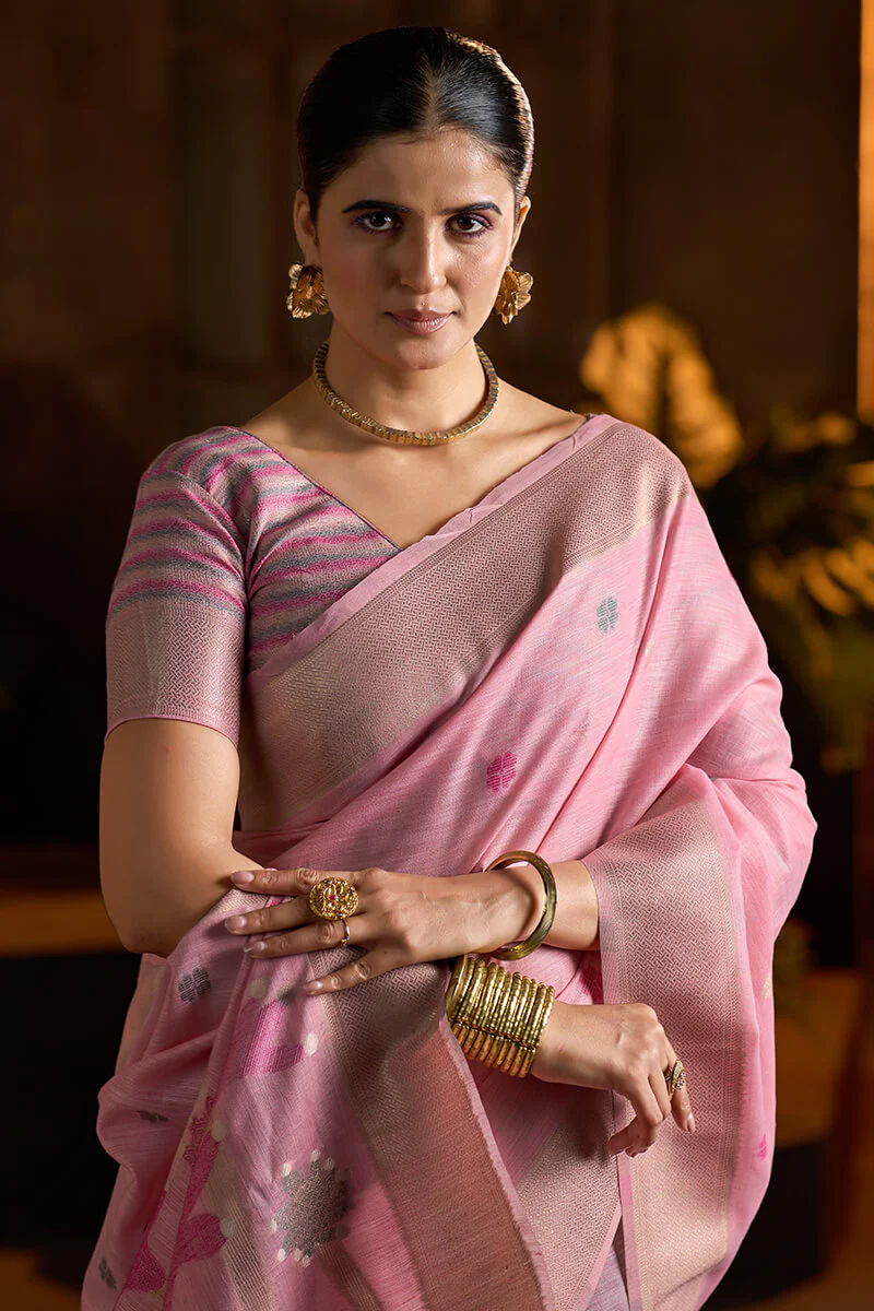Skinny Baby Pink Cotton Silk Saree With Impressive Blouse Piece - Image 2