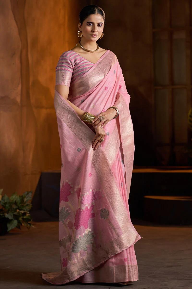 Skinny Baby Pink Cotton Silk Saree With Impressive Blouse Piece - Image 5