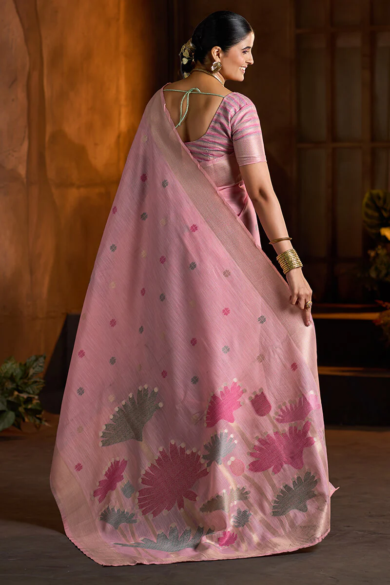 Skinny Baby Pink Cotton Silk Saree With Impressive Blouse Piece - Image 6