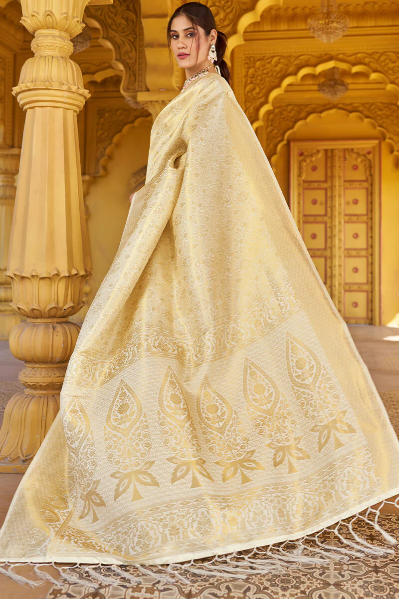 Skinny Beige Kanjivaram Silk Saree With Beautiful Blouse Piece - Image 3