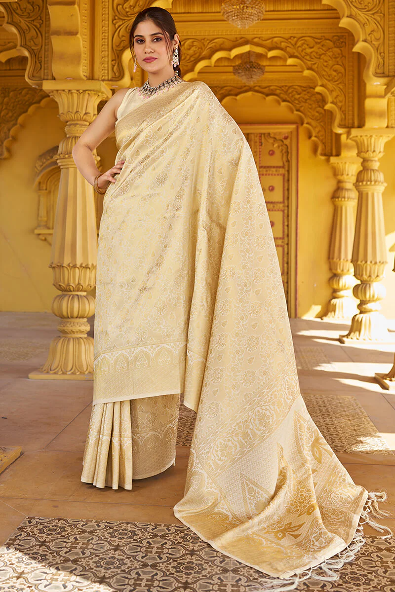 Skinny Beige Kanjivaram Silk Saree With Beautiful Blouse Piece - Image 4