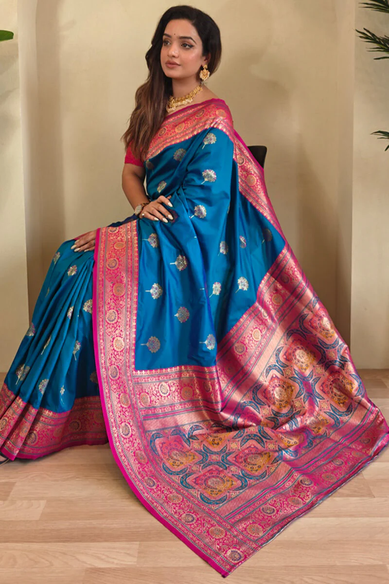 Skinny Blue Soft Banarasi Silk Saree With Deserving Blouse Piece - Image 2