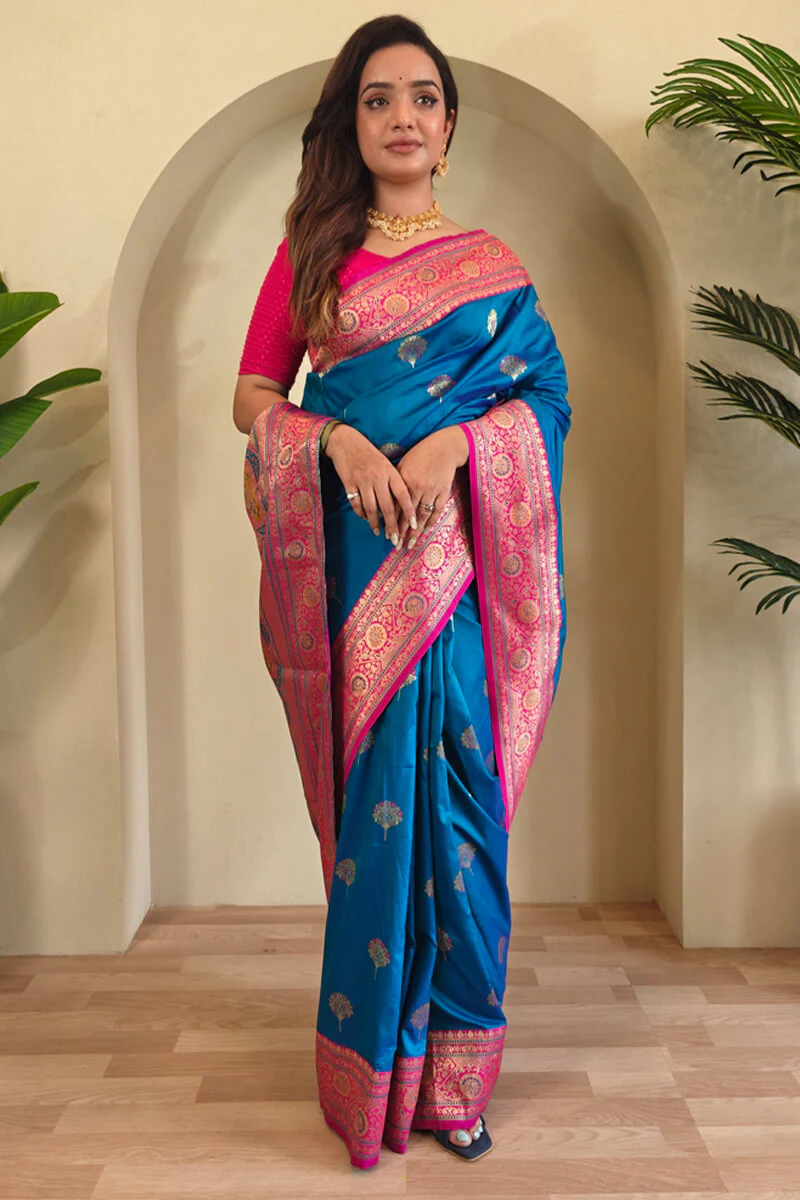 Skinny Blue Soft Banarasi Silk Saree With Deserving Blouse Piece - Image 4