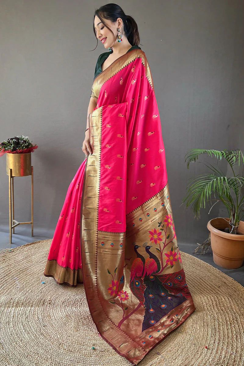 Skinny Dark Pink Paithani Silk Saree With Beautiful Blouse Piece - Image 3