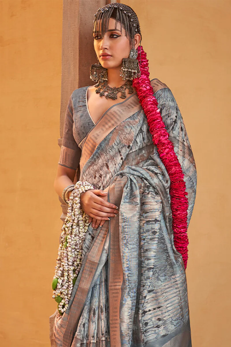 Skinny Grey Digital Printed Cotton Silk Saree With Gratifying Blouse Piece - Image 2